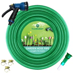 TrustBasket Heavy Duty Highly Durable PVC Plain Green Braided Water Hose Pipe (15 Meter) with 7 Pattern Sprayer Gun & 3 Clamps (1/2 inch Pipe) - Easy to Connect for Home Gardening, Lawn, Car Wash image 1