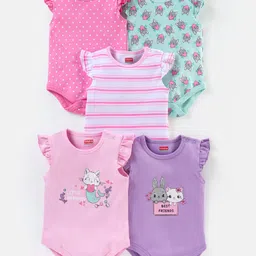 Babyhug 100% Cotton Frill Sleeves Kitty Print Onesies Pack Of 5 - Pink Purple & Green-image-80