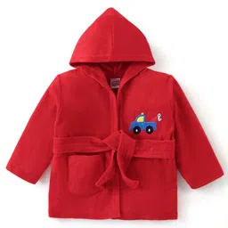 Babyhug Terry Full Sleeves Hooded Bath Robe Car Print- Red-image-84
