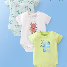 Babyoye 100% Cotton Knit with Eco Jiva Finish Half Sleeves Onesies with Teddy & Text Print Pack of 3 - White & Green-picture-17