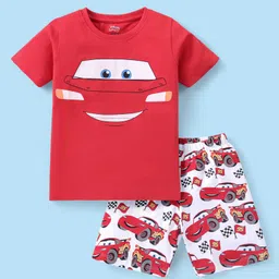Babyhug Disney Cotton Half Sleeves Night Suit With Lightening McQueen Print - Red-image-94