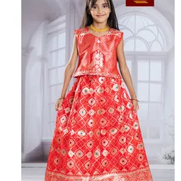 Bhartiya Paridhan Silk Woven Sleeveless Foil Printed Choli Lehenga Set - Red-picture-22