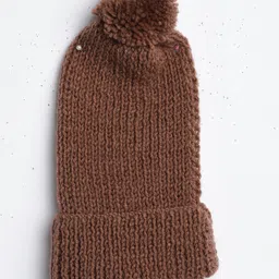 MayRa Knits Hand Knitted Beanie Crochet Pearls & Pompom Embellished Cap - Brown-picture-22