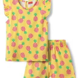 Babyhug Cotton Knit Frill Sleeves Co-ords Shorts Night Suit With Pineapple Print - Yellow-picture-28