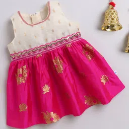 Many frocks & Blended Woven Sleeveless Floral Embroidered Gotal Lace Embellished Dress - Cream & Pink-picture-11