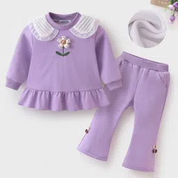 Mark & Mia Full Sleeves Winter Wear Top & Lounge Pant Set With Floral Applique - Purple-picture-21