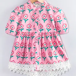 Hugsntugs Cotton Woven Half Puffed Sleeves Floral Printed & Lace Detailed Frock Style Top - Pink-picture-19