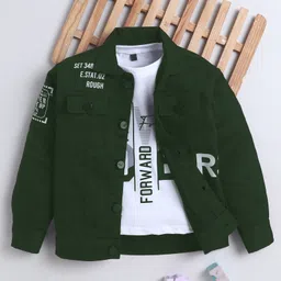 Ministitch Denim Woven Full Sleeves Typography Printed Jacket With Tee - Bottle Green-picture-13