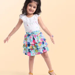 Babyhug Single Jersey Knit Knee Length Layered Floral Printed Skirt with Bow Applique - Multicolor image 2