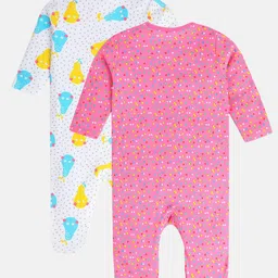 MINI KLUB Cotton Knit Pack of 2 Full Sleeves Polka Dots & Pear Printed Sleepsuits - White & Pink image 3