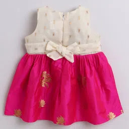 Many frocks & Blended Woven Sleeveless Floral Embroidered Gotal Lace Embellished Dress - Cream & Pink image 3