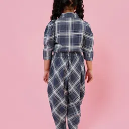 AJ Dezines Cotton Woven Three Fourth Puffed Sleeves Checked Shirt Style Top & Coordinating Dhoti Style Pant Set - Blue image 3