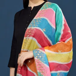 A R SILK DUPATTA HUB Striped Embroidered Cotton Dupatta image 2