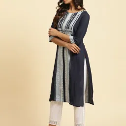 W Blue Printed Straight Kurta image 3