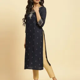 W Navy Embroidered Straight Kurta image 3