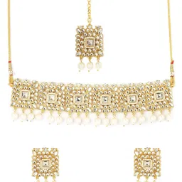 OOMPH Gold Tone Kundan & Pearls Ethnic Choker Necklace Set with Earrings & Maangtikka image 3