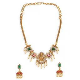 OOMPH Antique Gold Tone Red & Green Stone & Beads Choker Necklace Set with Jhumka Earrings image 3