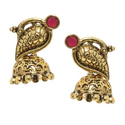 OOMPH Jewellery Antique Gold Tone Red Stones Peacock Shape Ethnic Jhumki image 3
