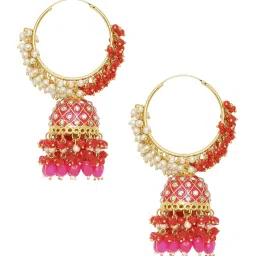 OOMPH Jewellery Pink & Red Meenakari Enamel Large Bali Jhumki image 3