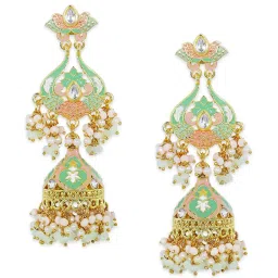 OOMPH Jewellery Green & Pink Meenakari Enamel & Kundan Ethnic Long Jhumki image 3
