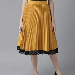 KASSUALLY Women Mustard Yellow Satin Lace Insert Accordion Pleated Skirt-picture-44