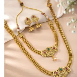 Peora Gold Plated Synthetic Stone & Pearl Peacock Pattern Necklace with Earrings Set-picture-23