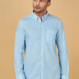 Peregrine by Pantaloons Aqua Blue Cotton Slim Fit Checks Shirt image 3