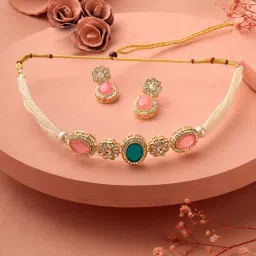 Zaveri Pearls Pink Green Stones Austrian Diamonds Multistrand Choker Necklace Earring Set-ZPFK17766 image 2