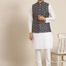 SOJANYA Men White Chikankari Pure Cotton Kurta with Churidar & Nehrujacket image 4