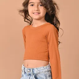 LilPicks Kids Brown Solid Full Sleeves Crop Top image 3