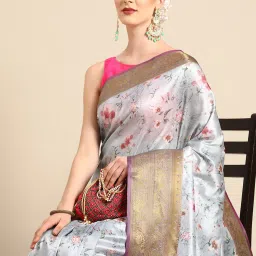 Silk Land Grey Silk Floral Saree With Unstitched Blouse image 3