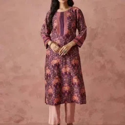 Fabindia Purple Cotton Silk Hand Block Printed Long Kurta-image-70