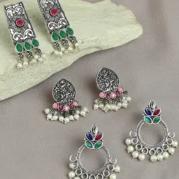 OOMPH Oxidized Silver Ethnic Drop Earrings - Set of 3-image-67