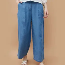 Colour Me By Melange Blue Cotton Regular Fit Trousers-picture-39