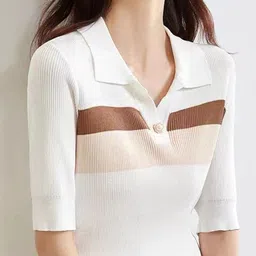 DressBerry Women Striped Shirt Collar Short Sleeves Pullover image 3