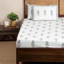 Fabindia Mina Buta Blue Cotton Printed 180 TC Double Flat Bedsheet with 2 Pillow Covers image 2