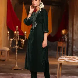 Juniper Jade Green Ethnic Motif Printed Velvet Straight Kurta & Pants Set With Zari Work Embroidery image 4