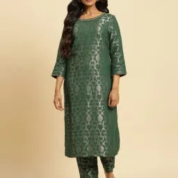 W Green Woven Pattern Straight Kurta-picture-17