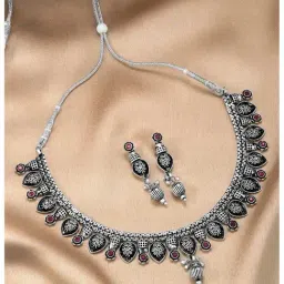 Peora Silver Plated Pink Synthetic Stone Studded Choker Necklace Earrings Set-picture-25