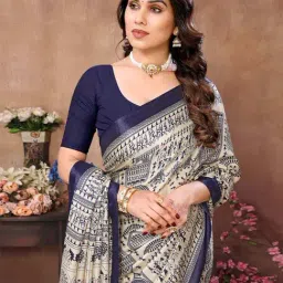 Odette Cream & Blue Printed Saree with Unstitched Blouse image 4