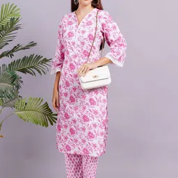JC4U Women Floral Printed Regular Thread Work Pure Cotton Kurta with Trousers image 1