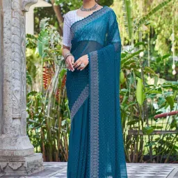 Satrani Rama Blue Embellished Saree With Unstitched Blouse-picture-17