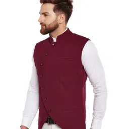 Hypernation Maroon Slim Fit Cotton Mandarin Collar Waistcoat image 3