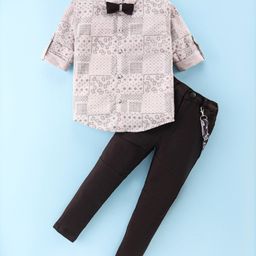 Dapper Dudes Full Sleeves Abstract Printed Shirt With Suspender Bow & Bottom Set - Fawn-picture-1