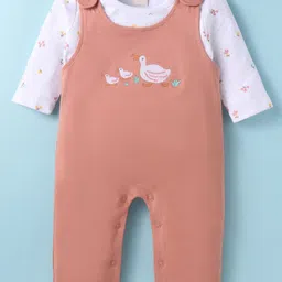 ToffyHouse 100% Cotton Knit Full Sleeves Floral Printed T-Shirt & Embroidered Dungaree Style Romper - Dark Peach & White-image-72