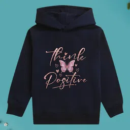 NUSYL Fleece Full Sleeves Shimmered Think Positive Text & Buttery Printed Hoodie - Navy Blue-picture-26