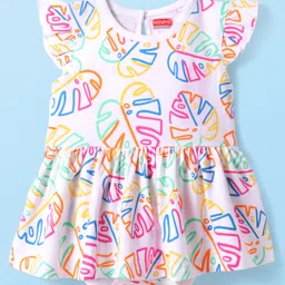Babyhug 100% Cotton Knit Frill Sleeves Frock Style Onesie with Tropical Theme Print - White-image-1