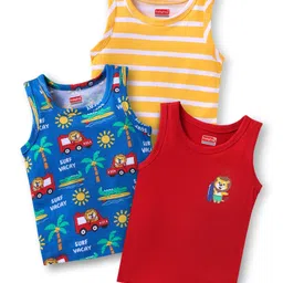 Babyhug 100% Cotton Knit Antibacterial Sleeveless Sandos with Stripes & Vehicle Print Pack of 3 - Navy Blue Red & Yellow-picture-38