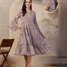 ZelenaThree Fourth Sleeves Floral Printed Maternity Feeding Dress With Zip Nursing Access & Pockets - Brown-image-53