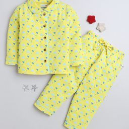 BUMZEE Cotton Knit Full Sleeves Hearts Printed Co-ords Night Suit - Peach-picture-3